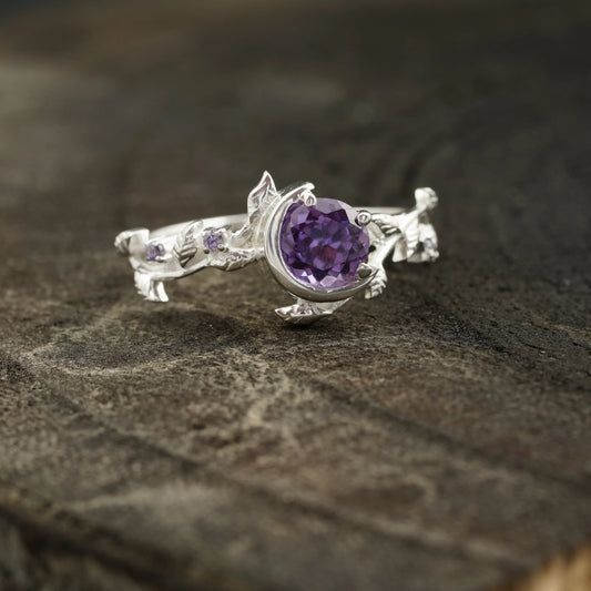 Alexandrite Moon Star Leaf Amethyst Engagement Ring - Gigiscc
