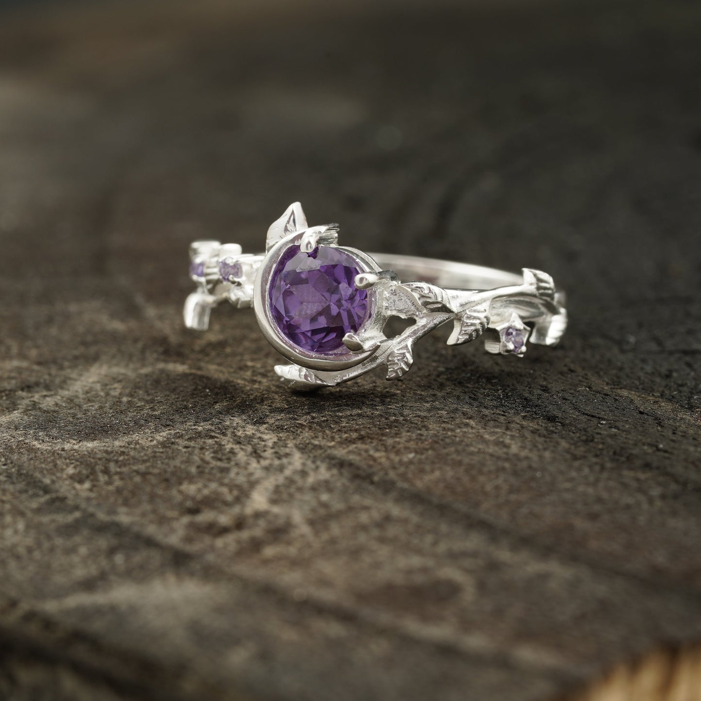 Alexandrite Moon Star Leaf Amethyst Engagement Ring Right Position