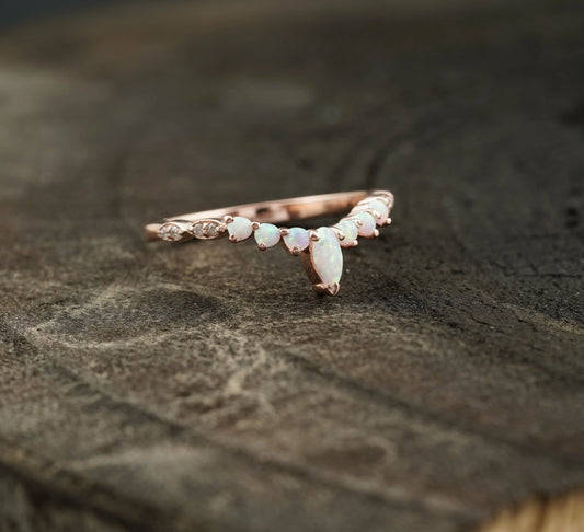 Marquise Opal Curved Wedding Band, October Birthstone, 14k Rose Gold Ring - Gigiscc