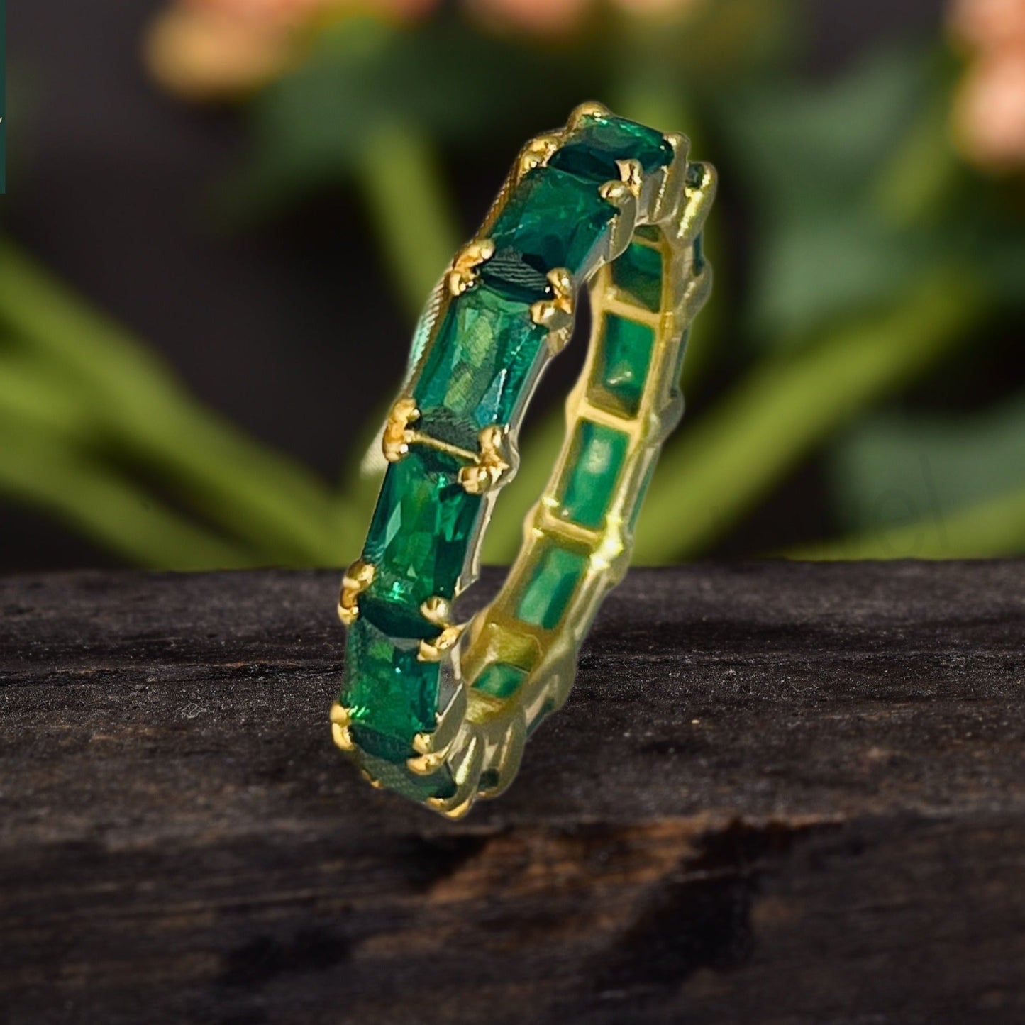 Emerald Gemstone Full Eternity Birthstone Ring Vertical View