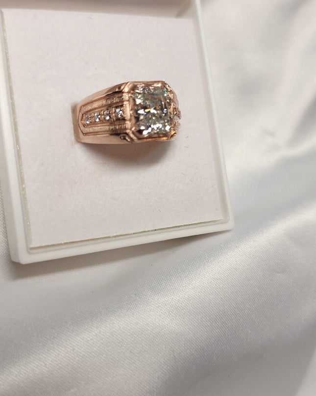 3ct Emerald Cut Moissanite Mens Ring Set in a vintage claw rose gold setting with detailed side stones. For Him. Wedding, Anniversary Ring. (Copy)