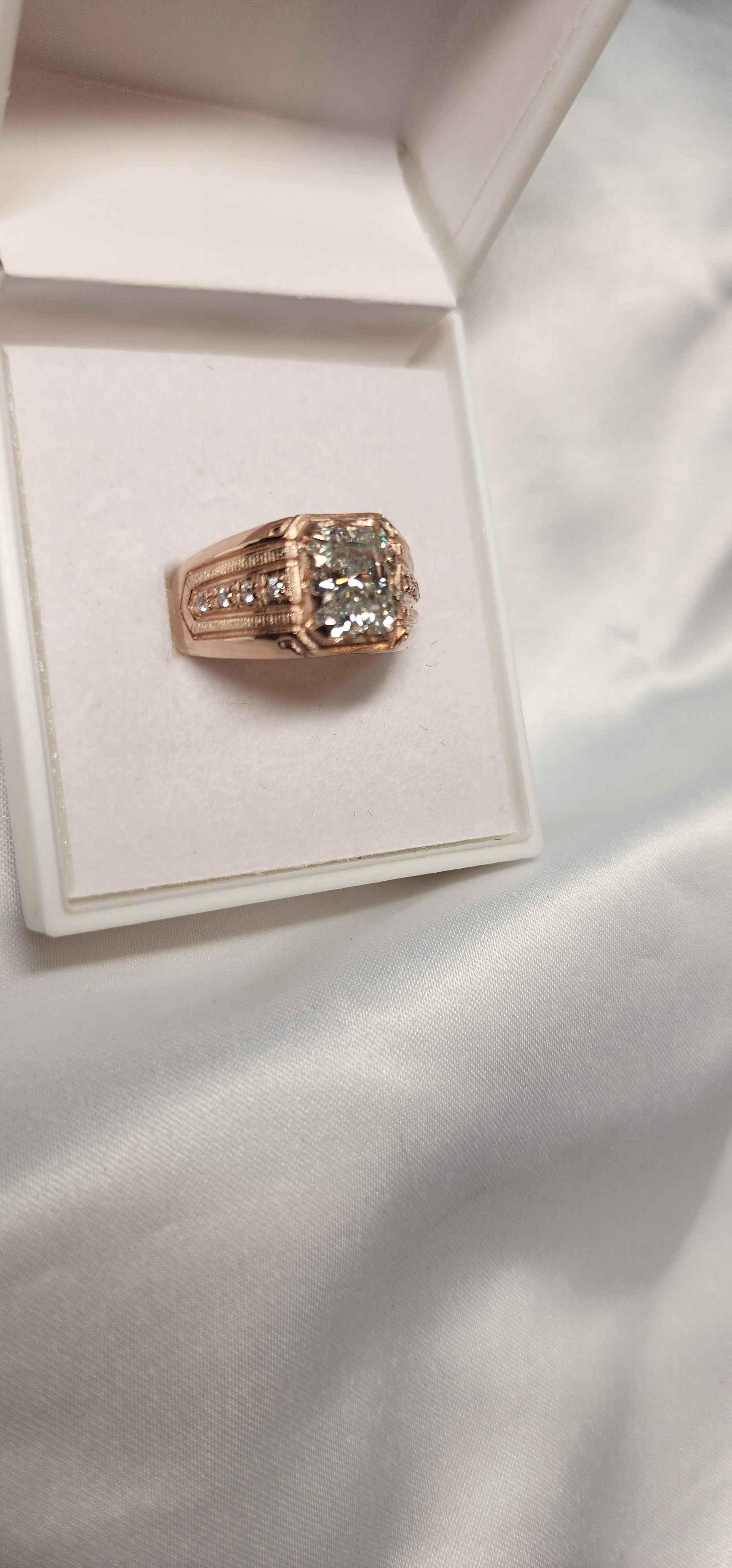 3ct Emerald Cut Moissanite Mens Ring Set in a vintage claw rose gold setting with detailed side stones. For Him. Wedding, Anniversary Ring. (Copy) - Gigiscc
