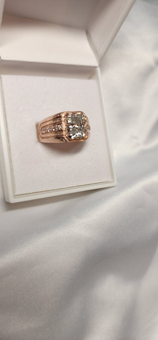3ct Emerald Cut Moissanite Mens Ring Set in a vintage claw rose gold setting with detailed side stones. For Him. Wedding, Anniversary Ring. (Copy)