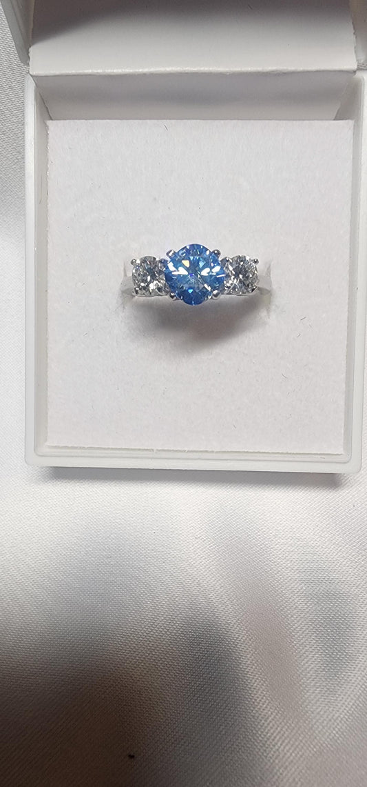 3 stone 3ctw Round Moissanite Blue Ice, Brilliant Cut Engagement Ring. Color D VVS1 GRA Certified