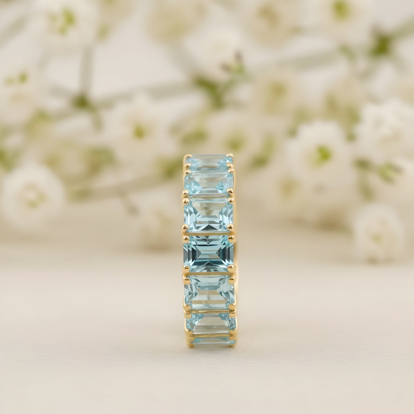 Baguette-Cut Aquamarine Full Eternity Wedding Band