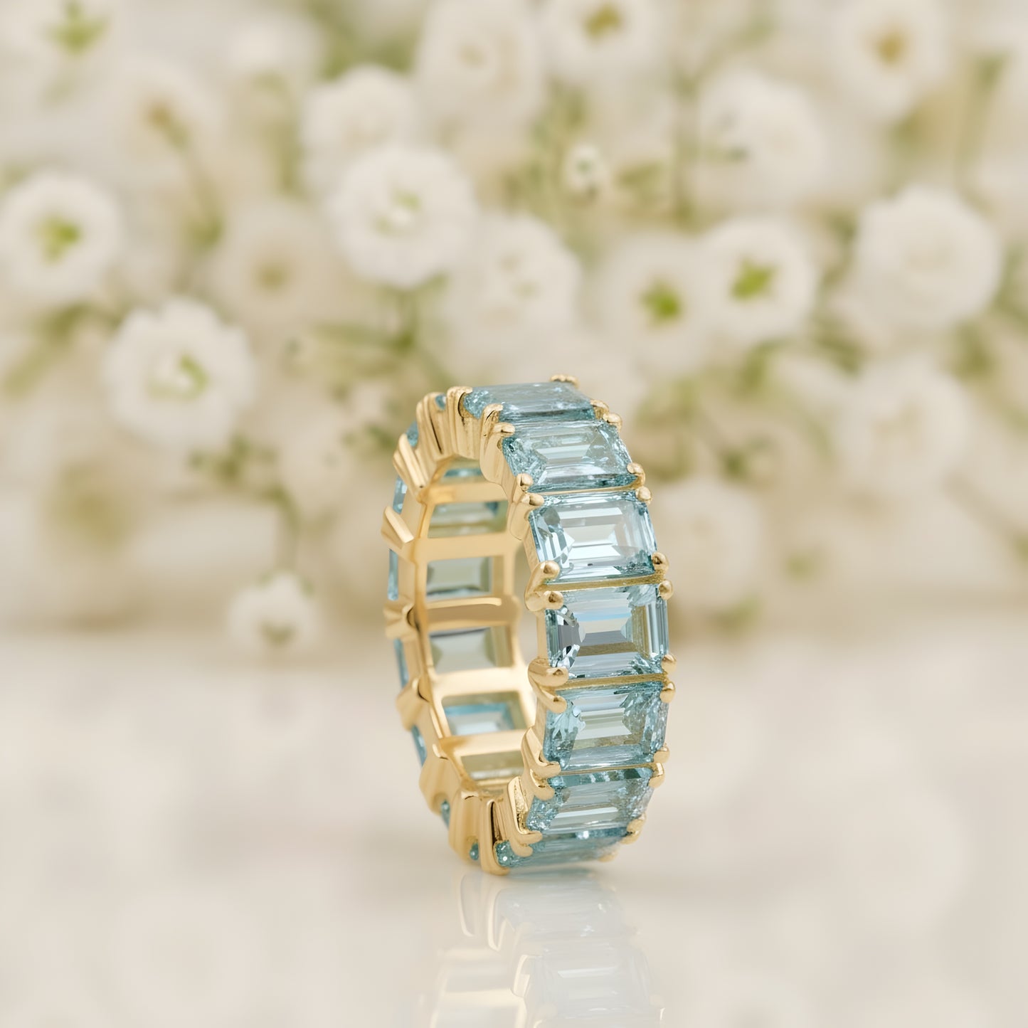 Baguette-Cut Aquamarine Full Eternity Wedding Band