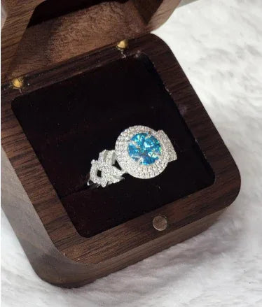 2ct Ornate Round Sea Blue double Halo Moissanite Ring - Gigiscc