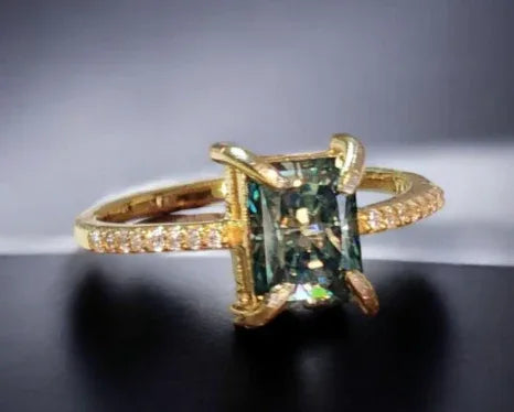 This Stunning Radiant cut Blue Green Moissanite Solitaire Ring - Gigiscc
