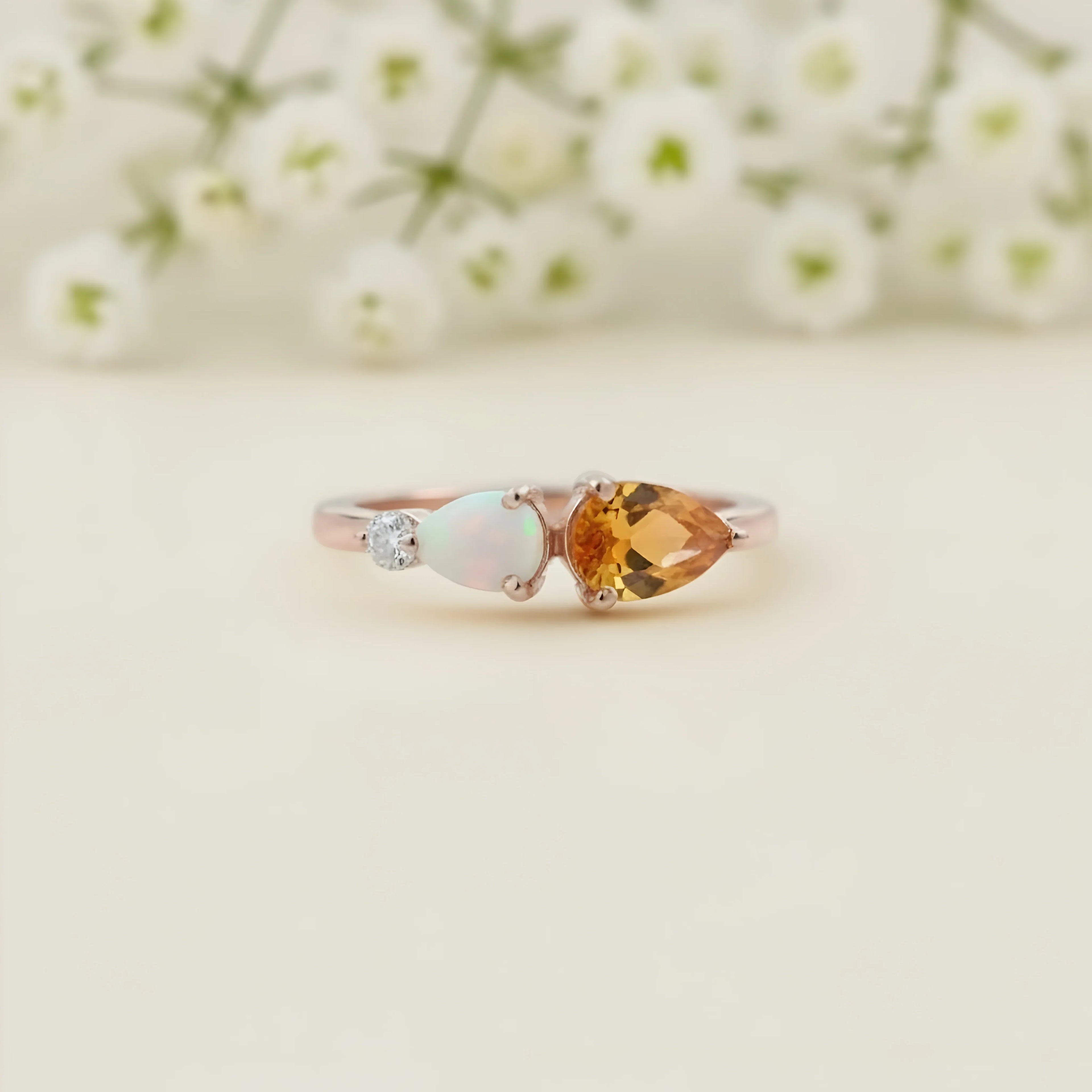 Pear Cut Citrine Art Deco Moissanite 3 Stone Wedding Band - Gigiscc