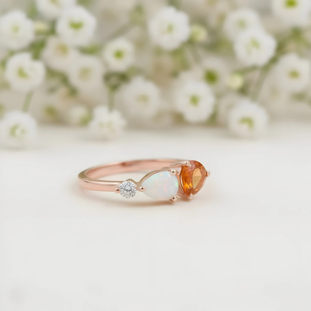 Pear Cut Citrine Art Deco Moissanite 3 Stone Wedding Band - Gigiscc