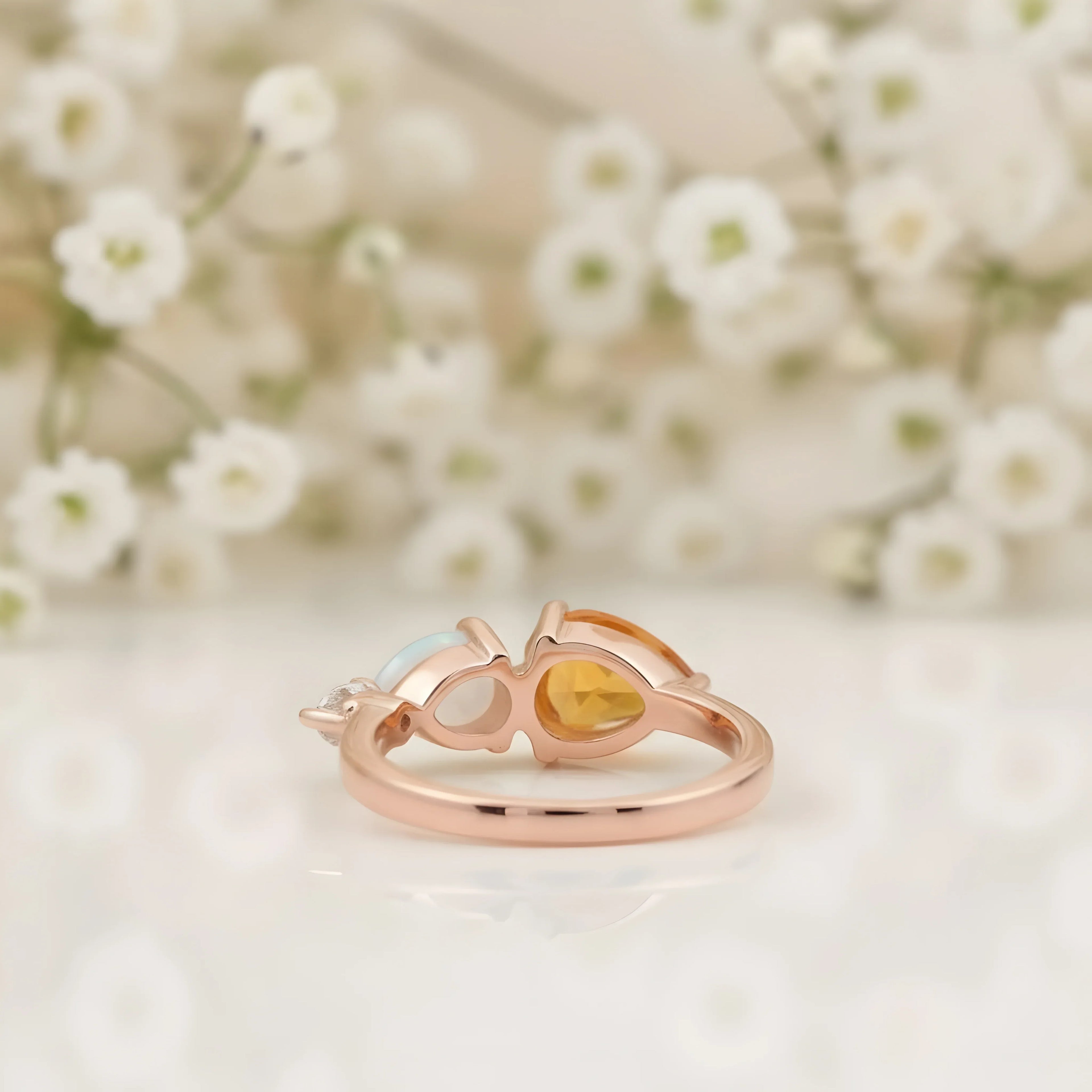 Pear Cut Citrine Art Deco Moissanite 3 Stone Wedding Band - Gigiscc