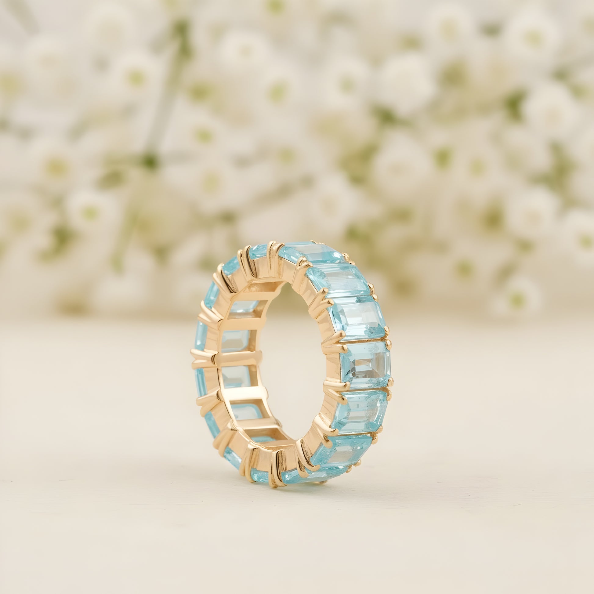 Baguette-Cut Aquamarine Full Eternity Wedding Band