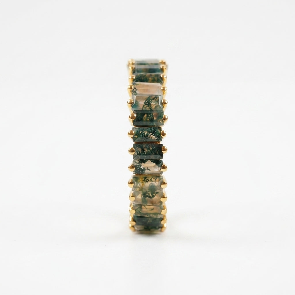 Baguette Cut Moss Agate Stone Wedding Band