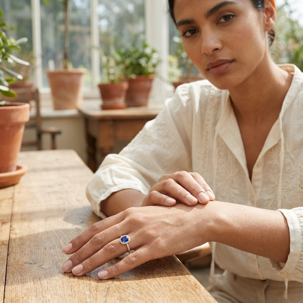Cut Blue Sapphire Ring With Diamonds With Model