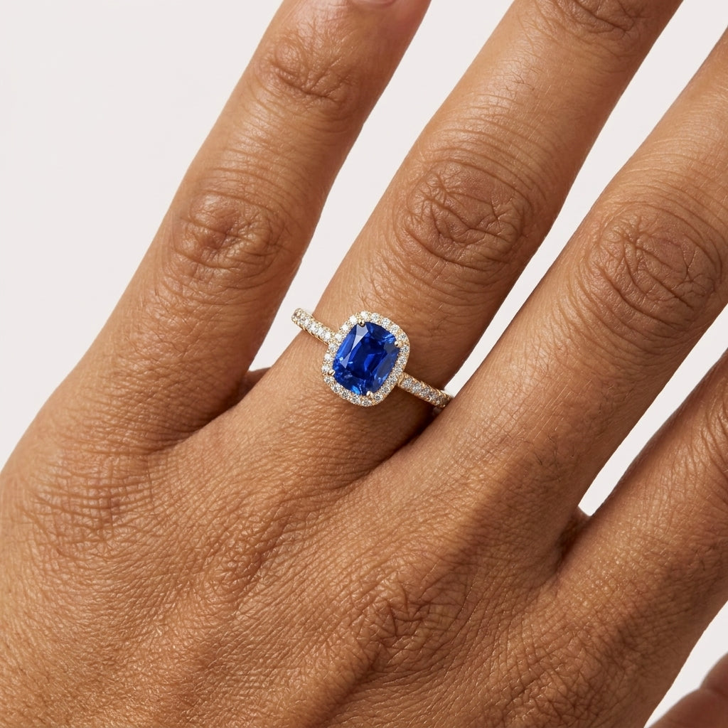 Cut Blue Sapphire Ring With Diamonds With Hand