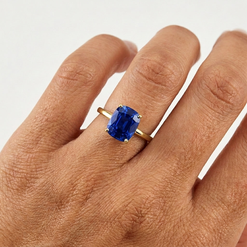 Blue Sapphire Solitaire Gold Ring With Model hand