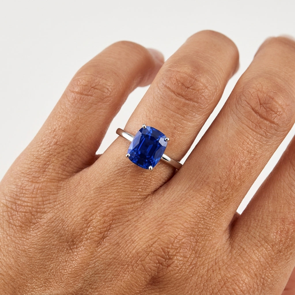 Cushion Blue Sapphire Solitaire Ring with  hand