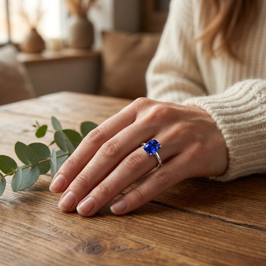 Cushion Blue Sapphire Solitaire Ring With Model hand