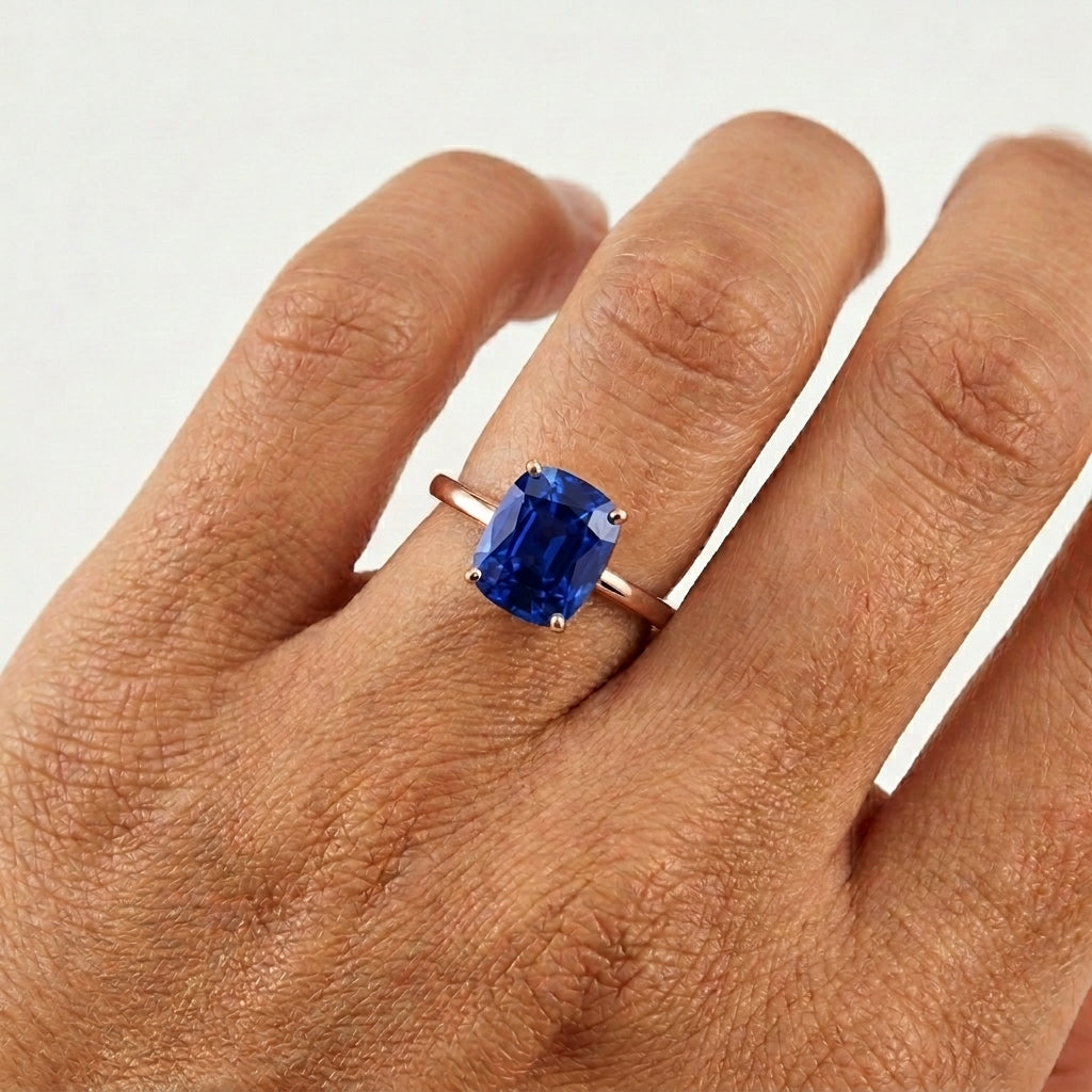 Blue Sapphire Solitaire Rose Gold Ring With Model hand
