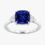 Cushion Blue Sapphire Engagement Ring With Trio Diamonds