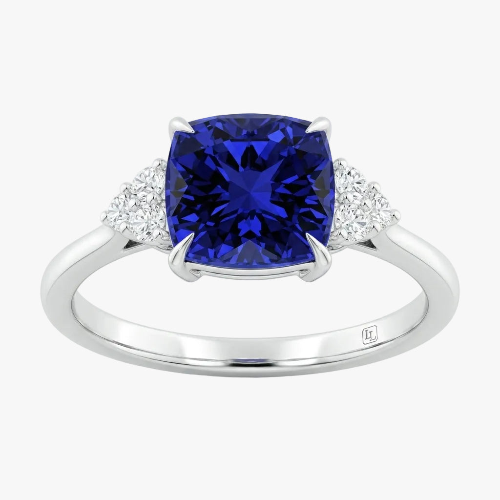 Cushion Blue Sapphire Engagement Ring With Trio Diamonds