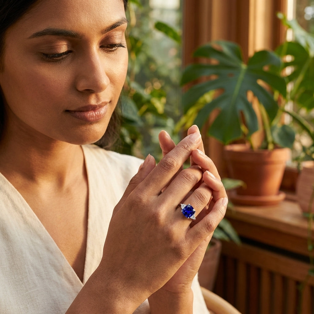 Cushion Blue Sapphire Engagement Ring With Trio Diamonds With Model