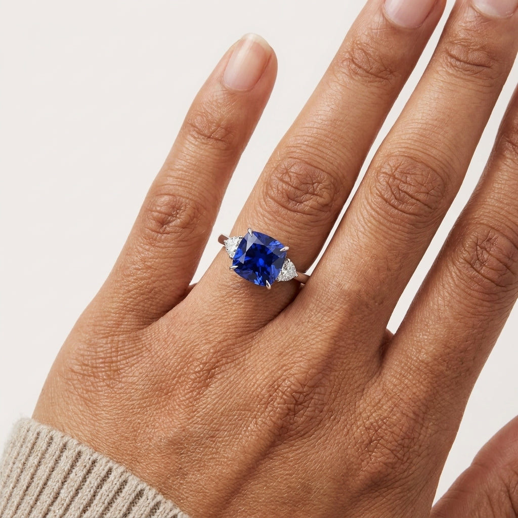 Cushion Blue Sapphire Engagement Ring With Trio Diamonds With Model Hand