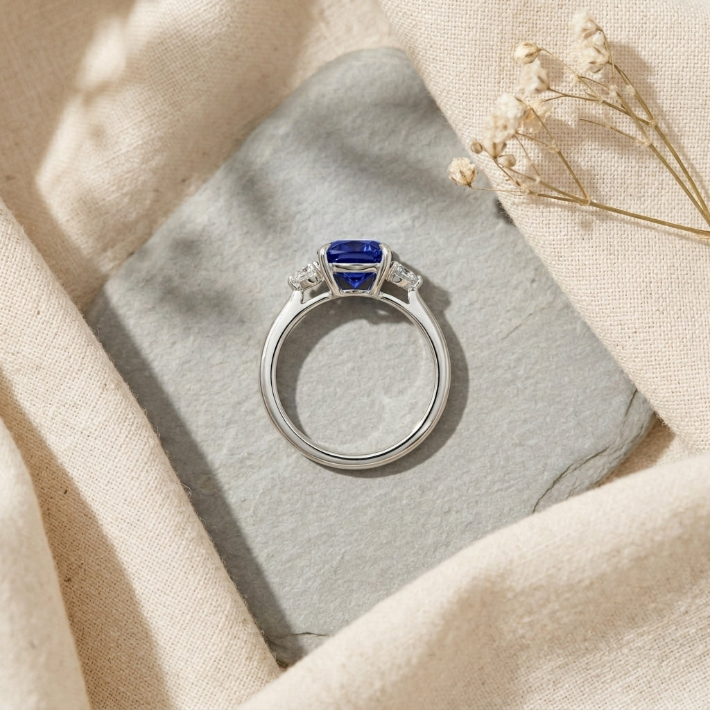 Cushion Blue Sapphire Engagement Ring With Trio Diamonds With Table