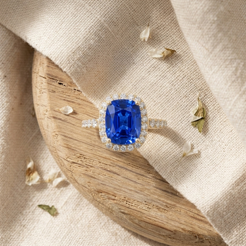 Cut Blue Sapphire Ring With Diamonds With table
