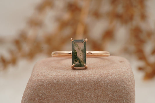 Moss Agate Baguette Cut Rose Gold Engagement Ring