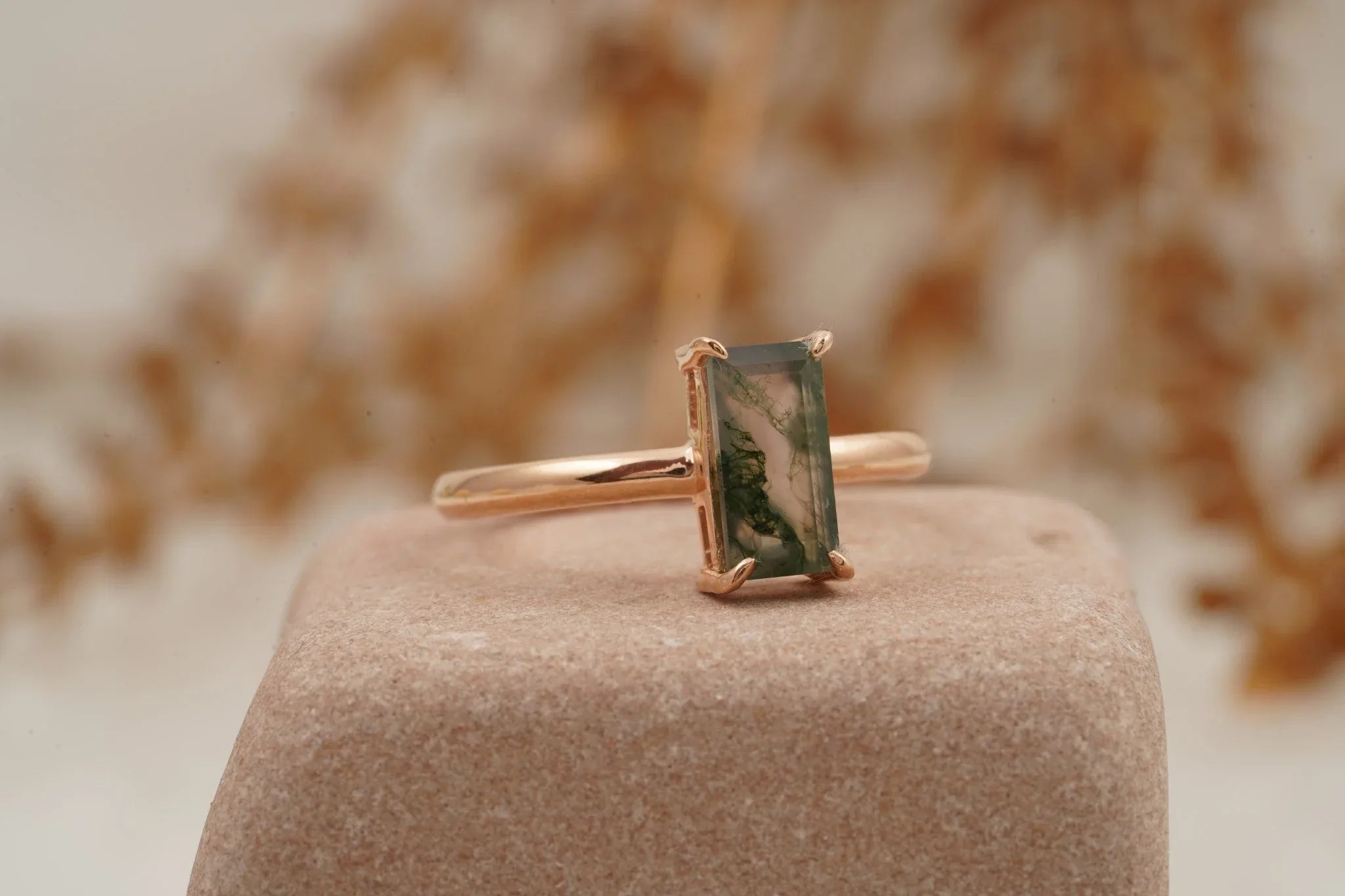 Moss Agate Baguette Cut Rose Gold Engagement Ring - Gigiscc