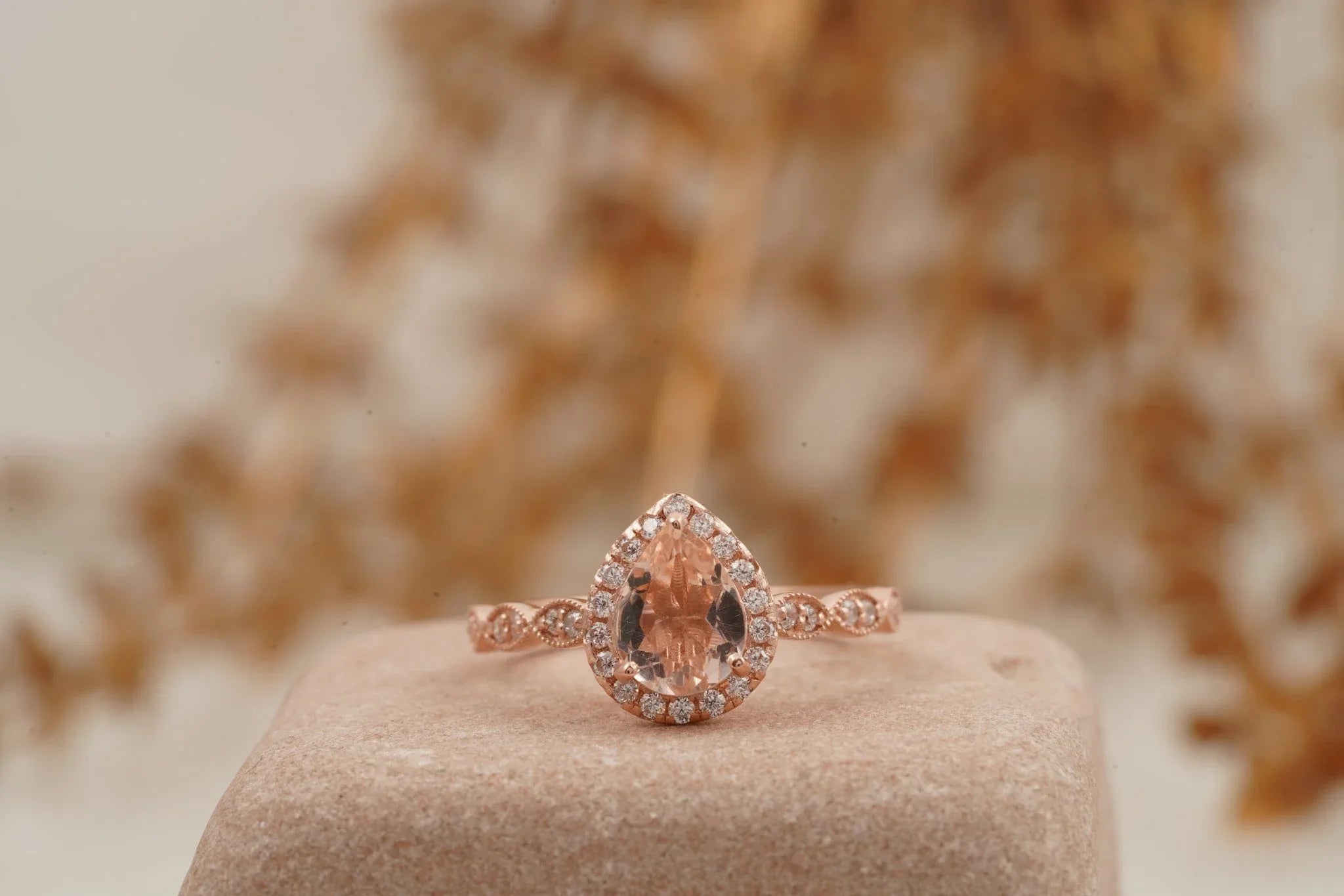 Pear Shaped Morganite Rose Gold Bridal Engagement Ring - Gigiscc