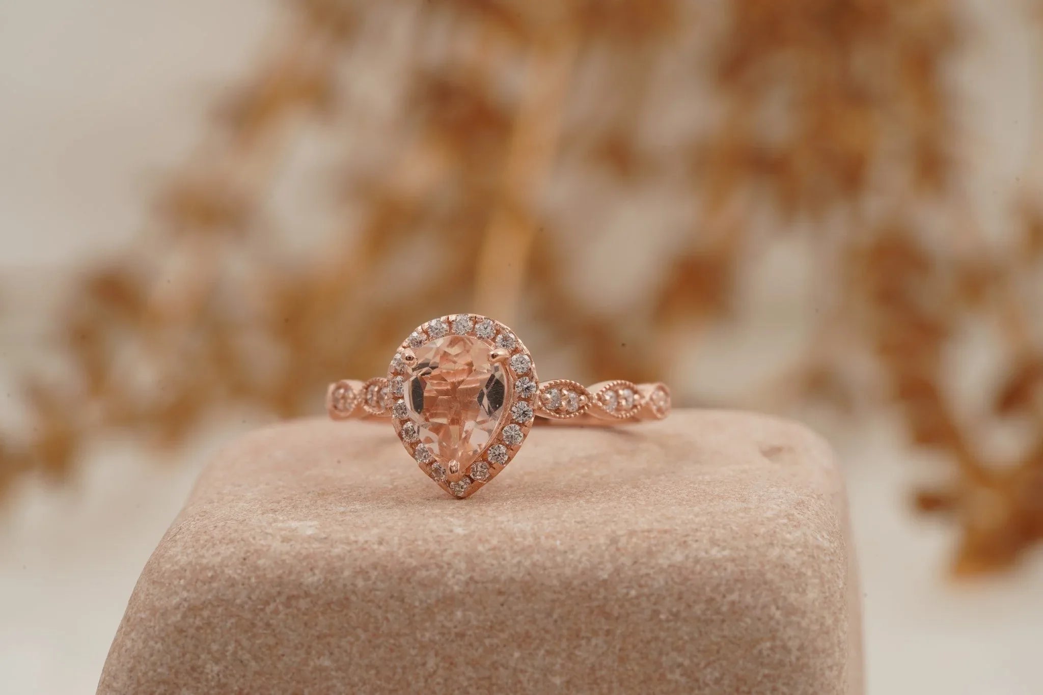 Pear Shaped Morganite Rose Gold Bridal Engagement Ring - Gigiscc