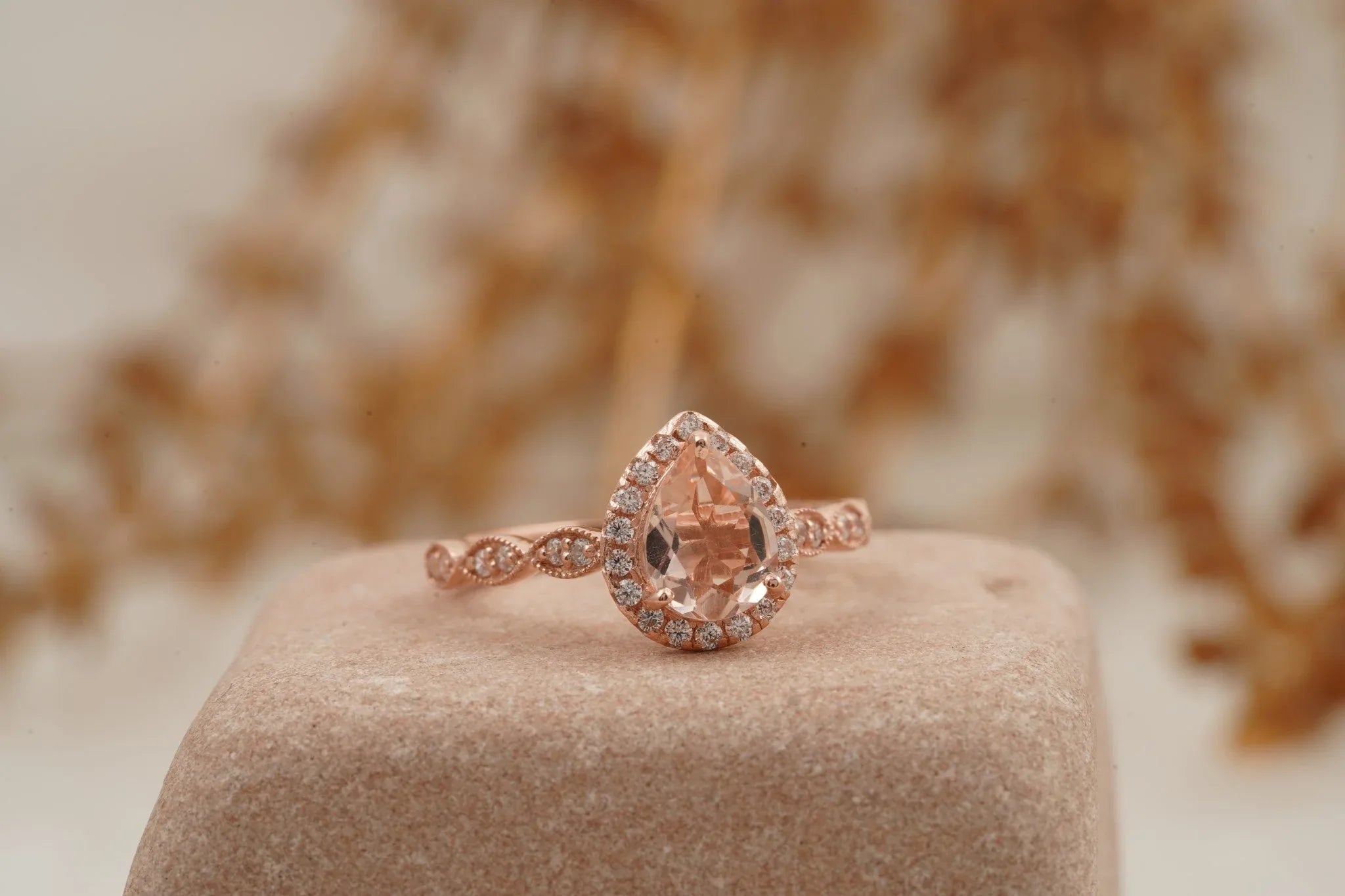 Pear Shaped Morganite Rose Gold Bridal Engagement Ring - Gigiscc
