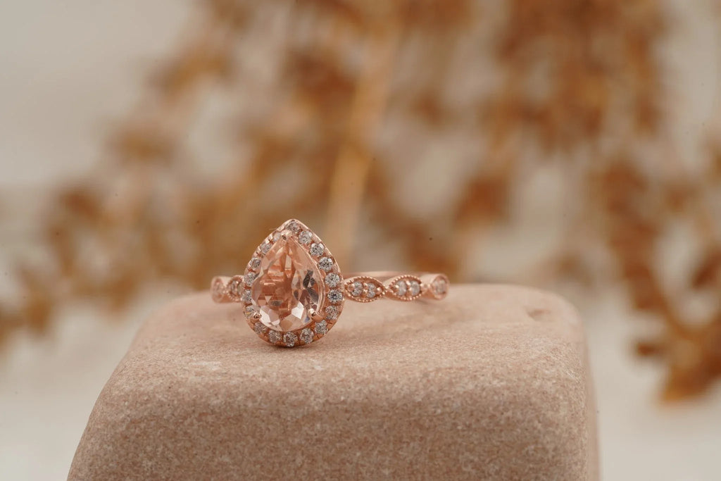 Pear Shaped Morganite Rose Gold Bridal Engagement Ring - Gigiscc