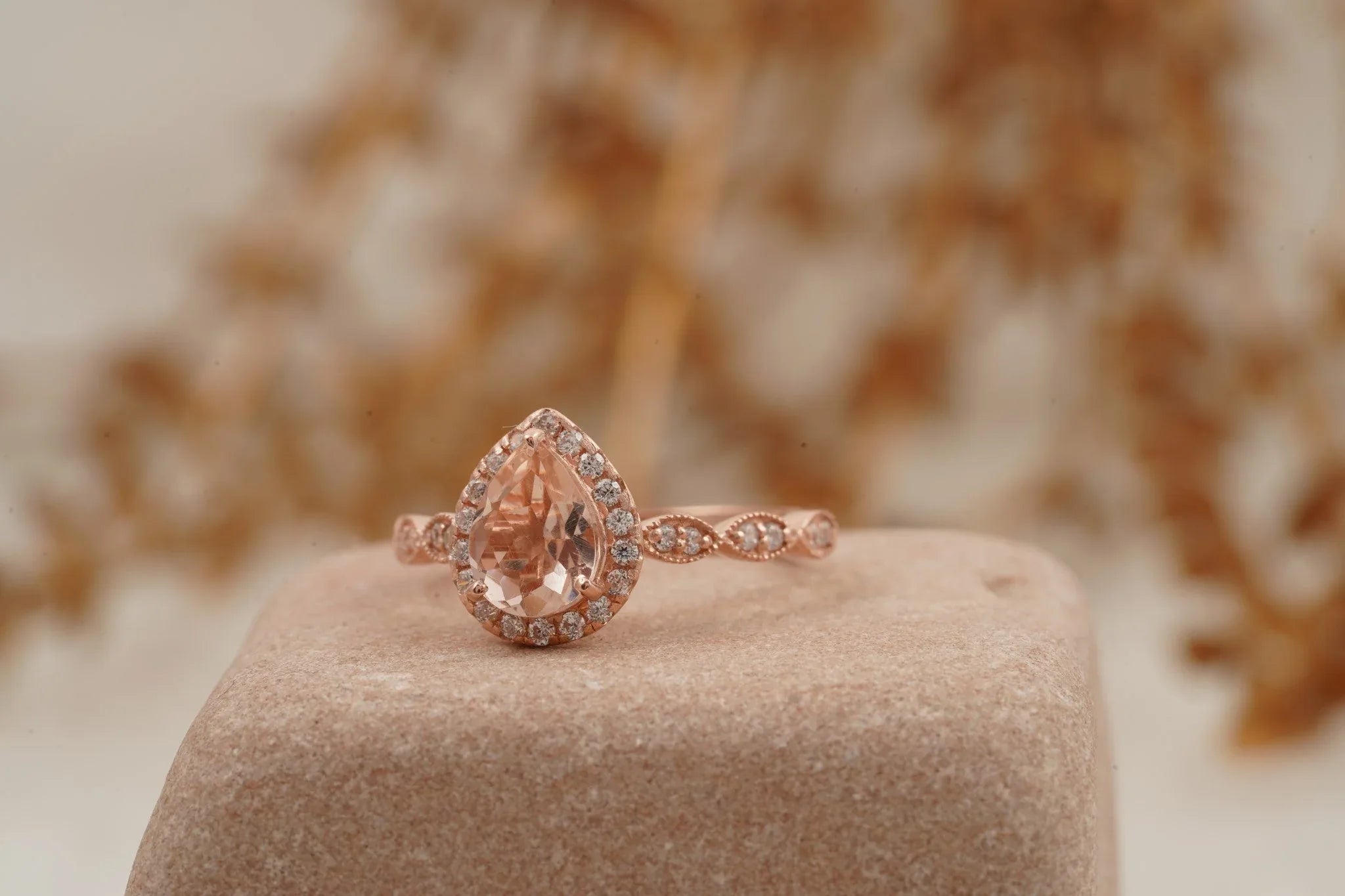 Pear Shaped Morganite Rose Gold Bridal Engagement Ring - Gigiscc