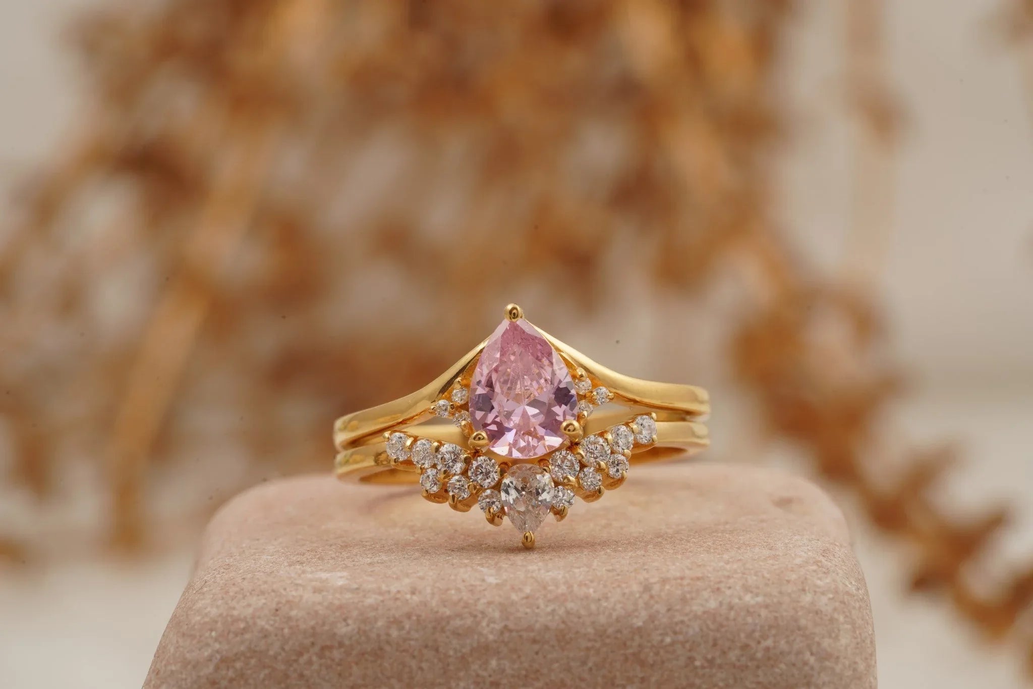 Pink Sapphire Engagement Ring Set With Diamond Wedding Band - Gigiscc