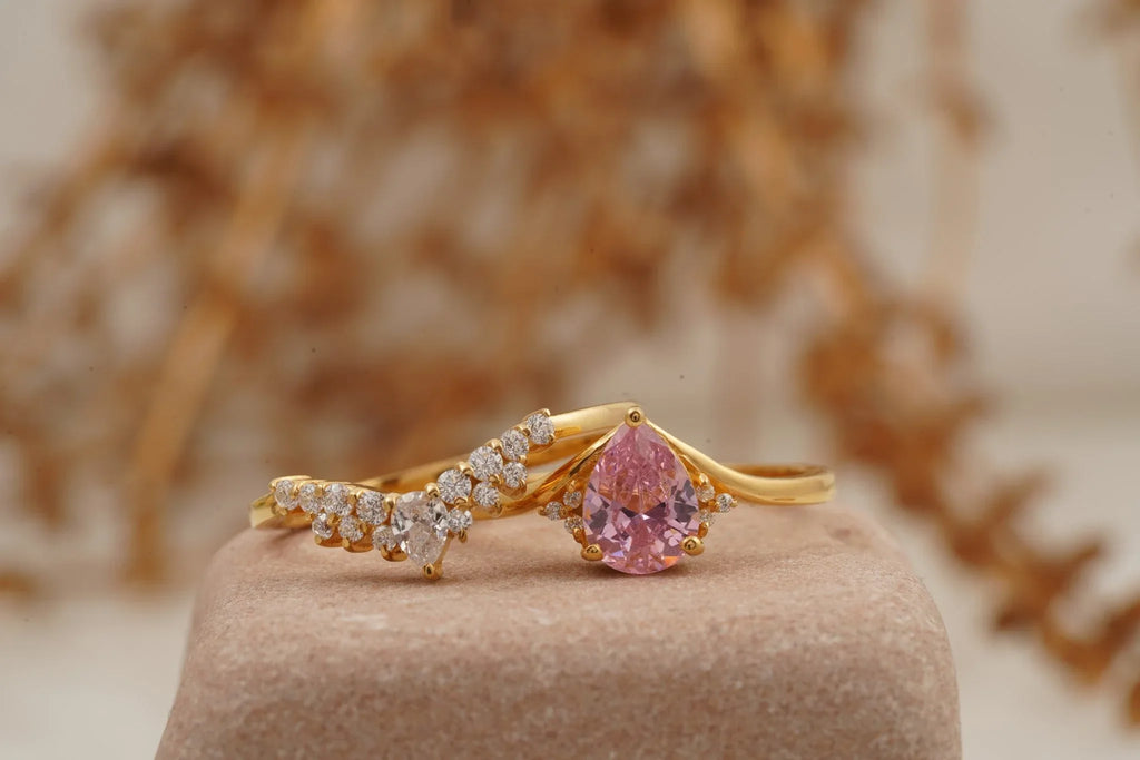 Pink Sapphire Engagement Ring Set With Diamond Wedding Band - Gigiscc