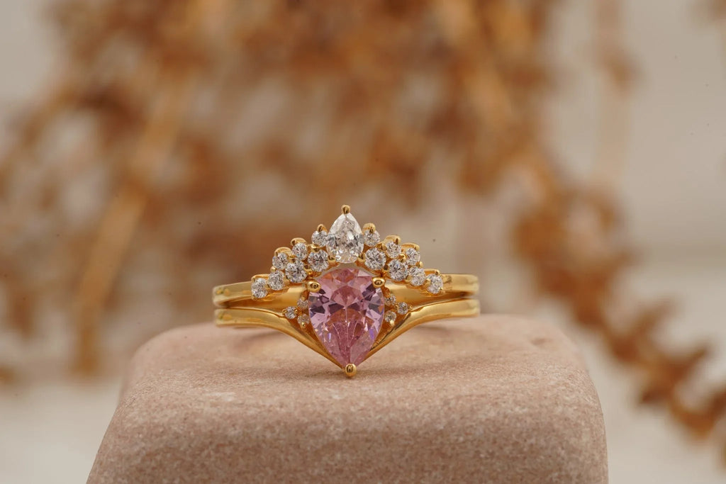 Pink Sapphire Engagement Ring Set With Diamond Wedding Band - Gigiscc