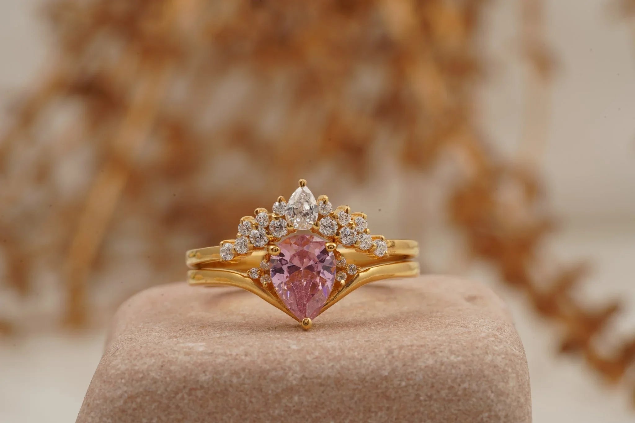 Pink Sapphire Engagement Ring Set With Diamond Wedding Band - Gigiscc