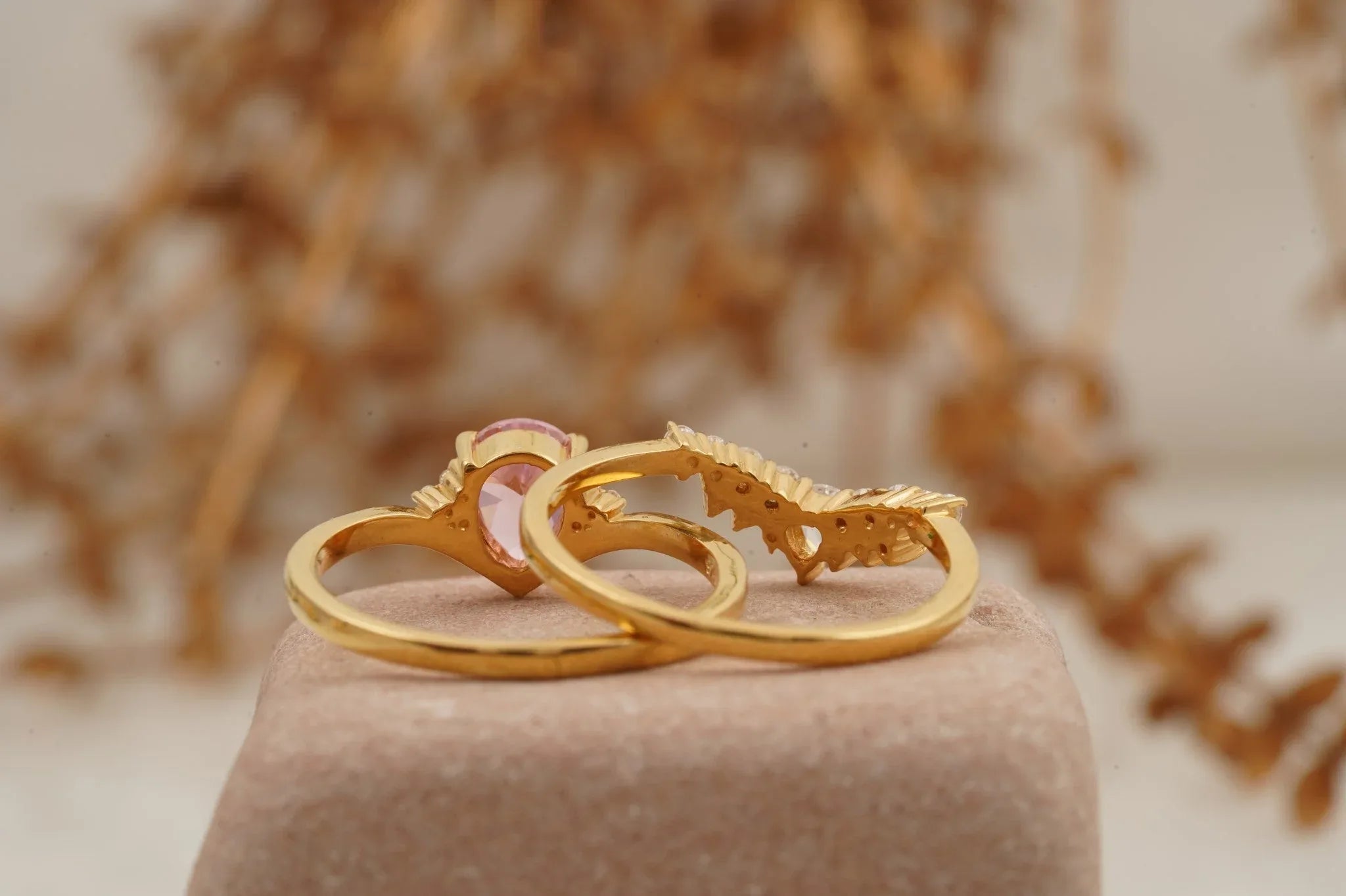 Pink Sapphire Engagement Ring Set With Diamond Wedding Band - Gigiscc