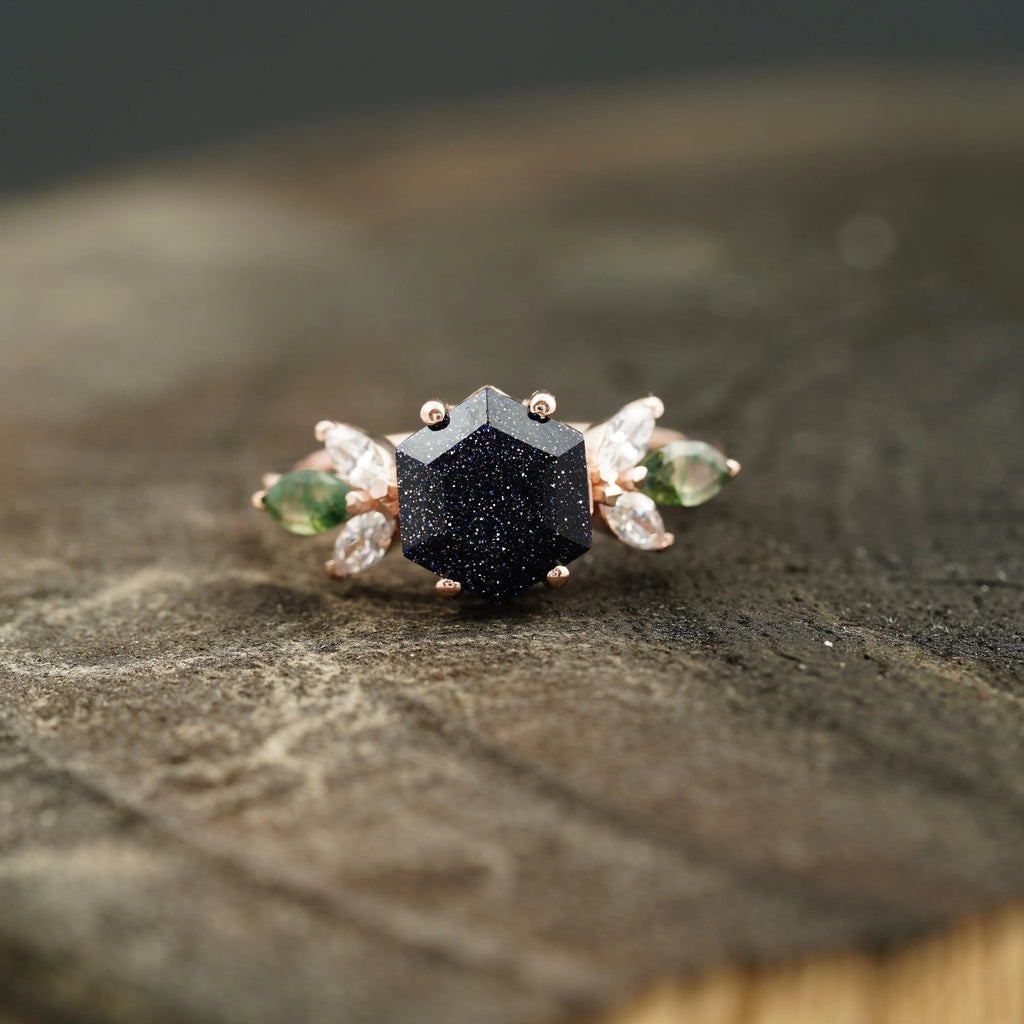 Blue Sandstone Gemstone Ring Cluster Ring For Women - Gigiscc
