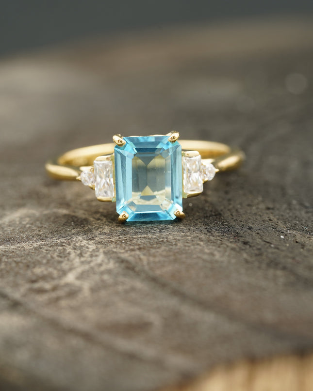 Aquamarine Gemstone Engagement Ring Emerald Cut Ring For Women