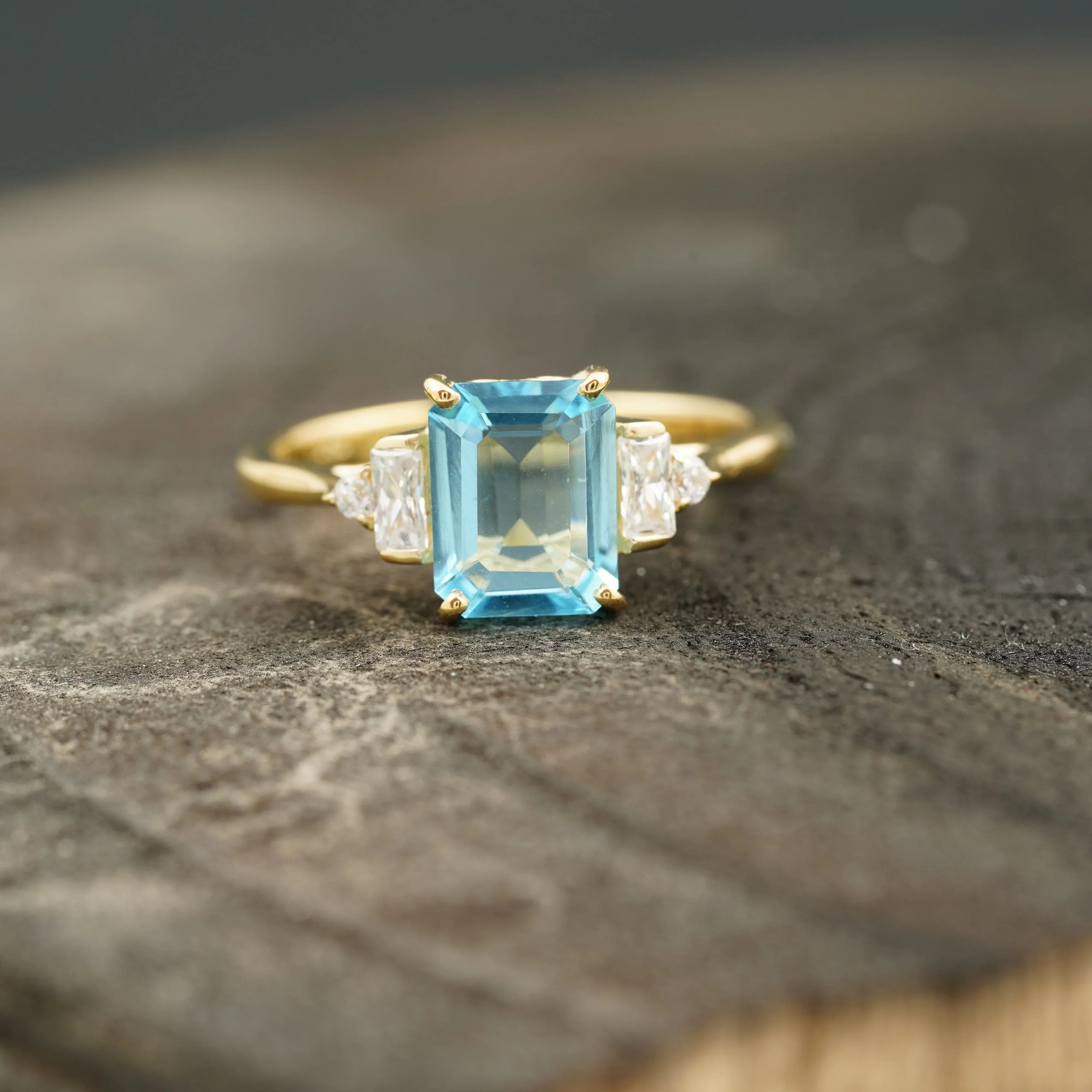 Aquamarine Gemstone Engagement Ring Emerald Cut Ring For Women - Gigiscc