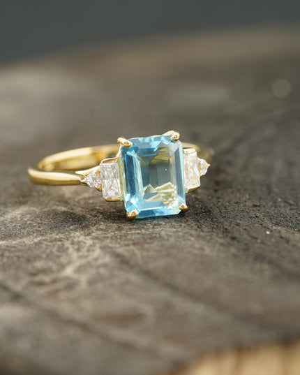 Aquamarine Gemstone Engagement Ring Emerald Cut Ring For Women
