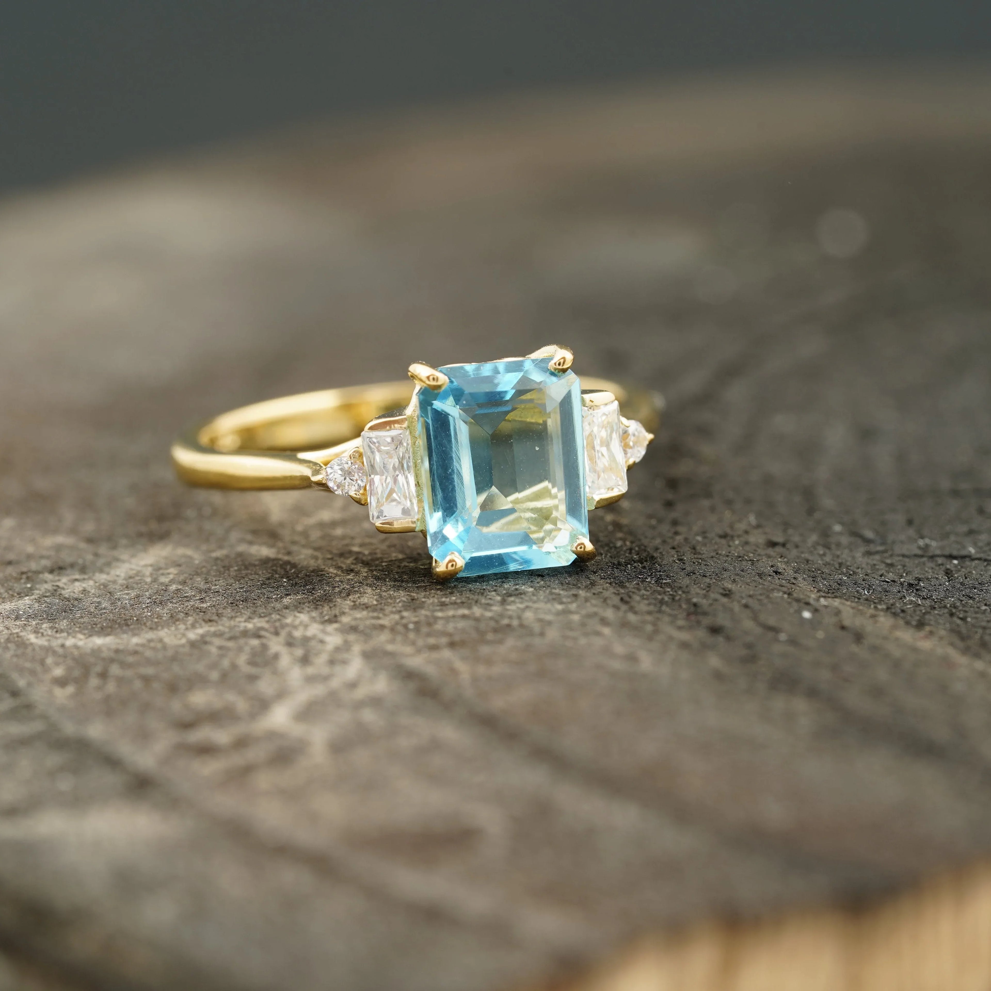 Aquamarine Gemstone Engagement Ring Emerald Cut Ring For Women - Gigiscc