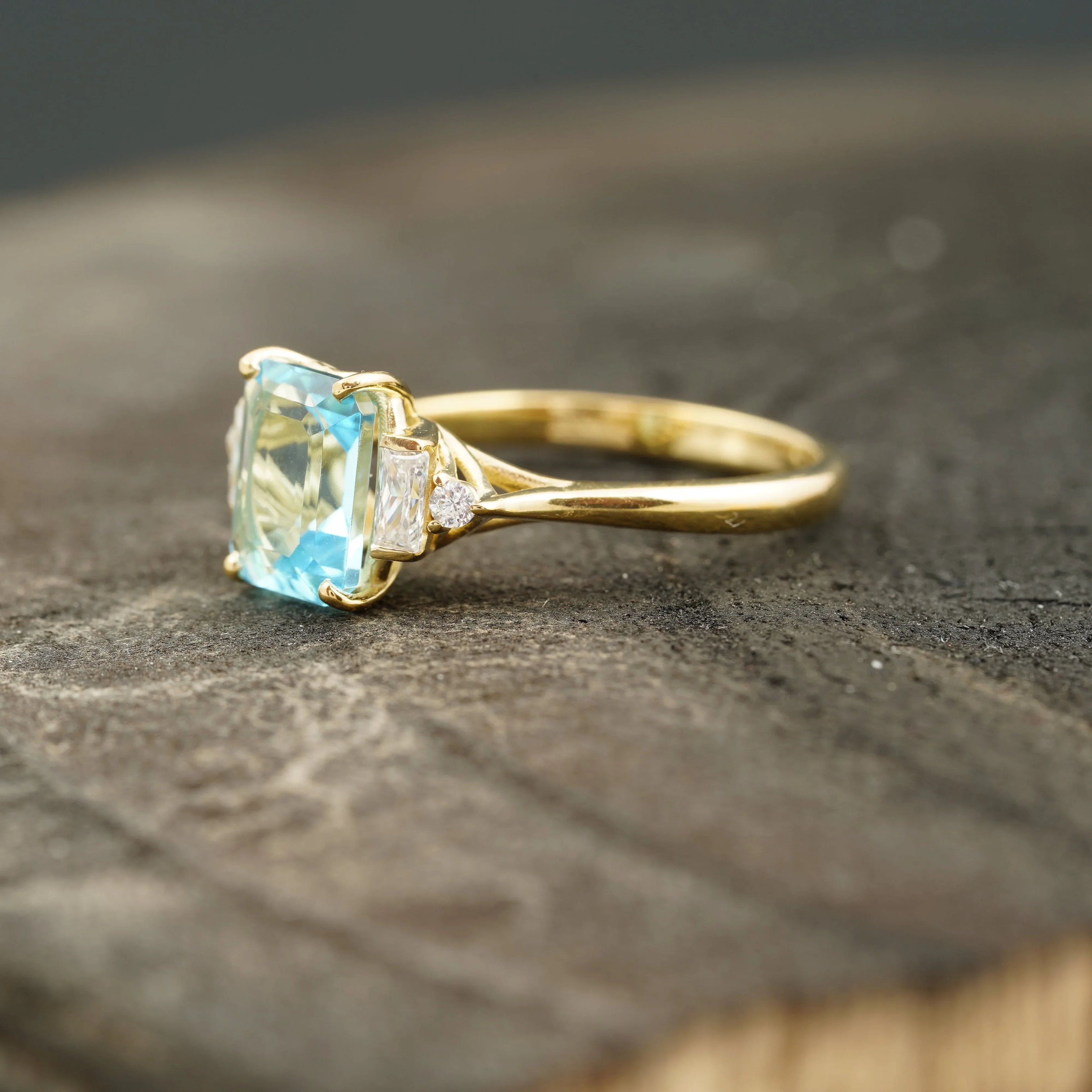 Aquamarine Gemstone Engagement Ring Emerald Cut Ring For Women - Gigiscc