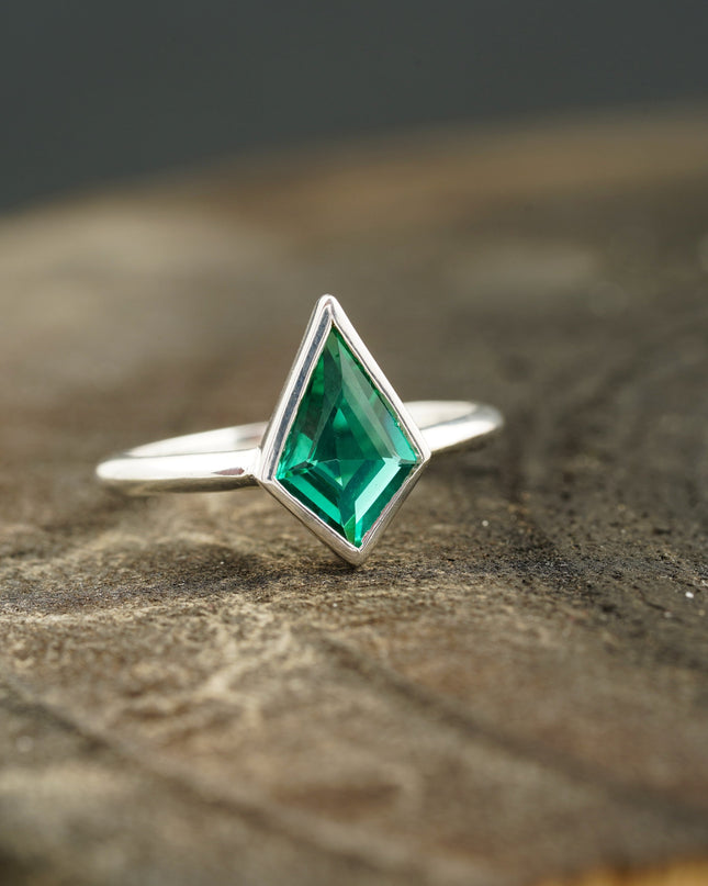 Kite Shaped Emerald Ring Solid Gold Solitaire Ring Right Side Position