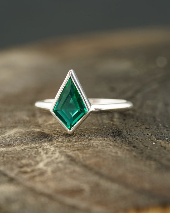 Kite Shaped Emerald Ring Solid Gold Solitaire Ring Left SIde Position