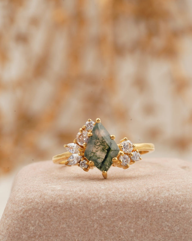 Kite Cut Moss Agate Cluster Diamond Engagement Ring